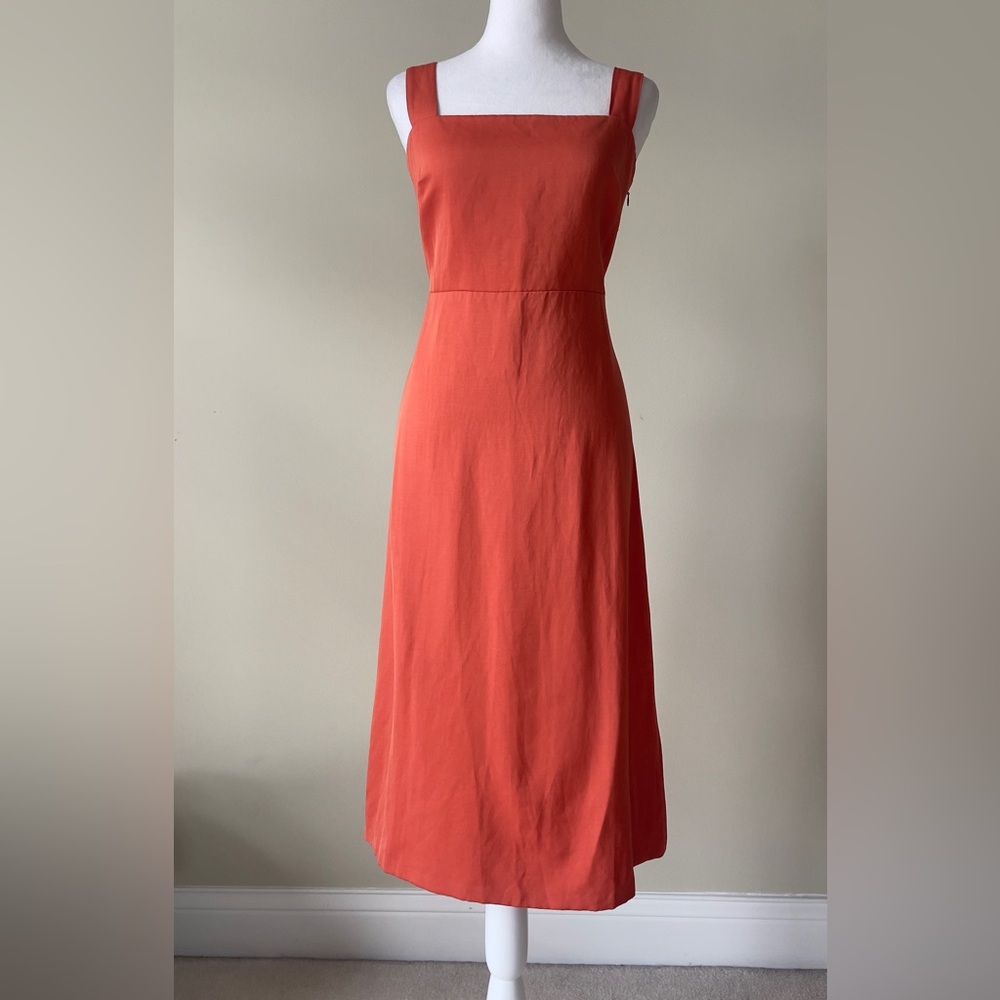 Theory Crossback Linen-Blend Square Neck Smocked Back Midi Dress EUC Size 6 - Picture 4 of 8